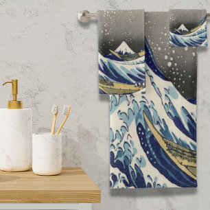 vintage japanese ukiyo e art the great wave bath towel set