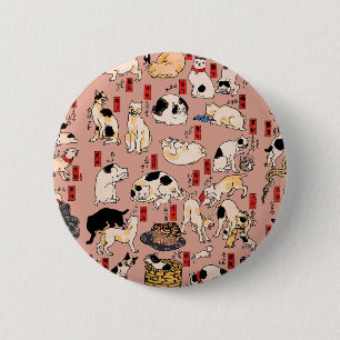 Vintage Japanese Ukiyo-e Cat Pattern: Kuniyoshi 6 Cm Round Badge