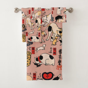Vintage Japanese Ukiyo-e Cat Pattern: Kuniyoshi Bath Towel Set