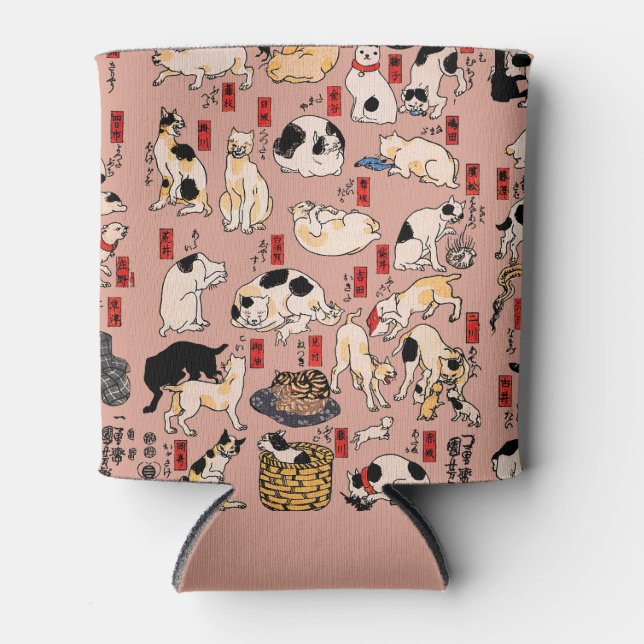 Vintage Japanese Ukiyo-e Cat Pattern: Kuniyoshi Can Cooler (Front)