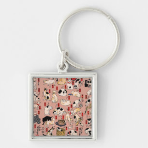 Vintage Japanese Ukiyo-e Cat Pattern: Kuniyoshi Key Ring