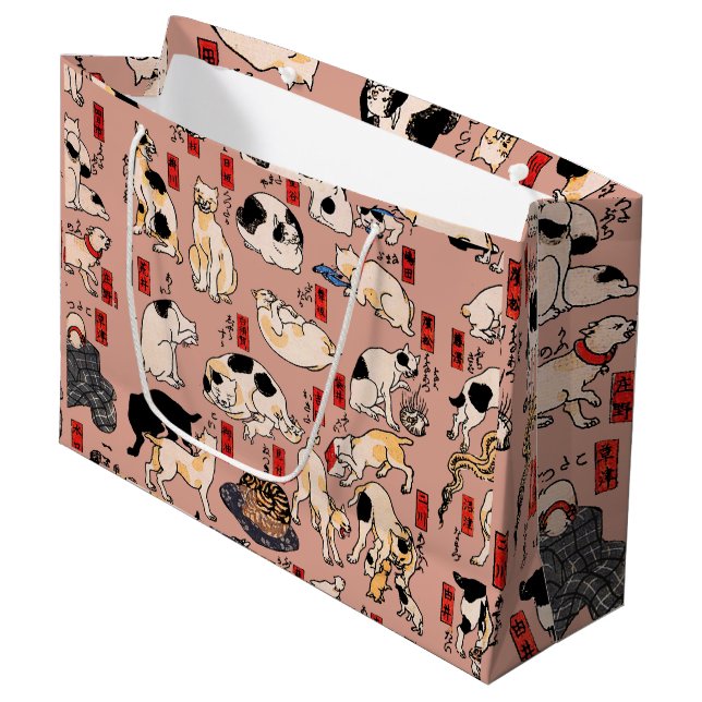 Vintage Japanese Ukiyo-e Cat Pattern: Kuniyoshi Large Gift Bag (Front Angled)