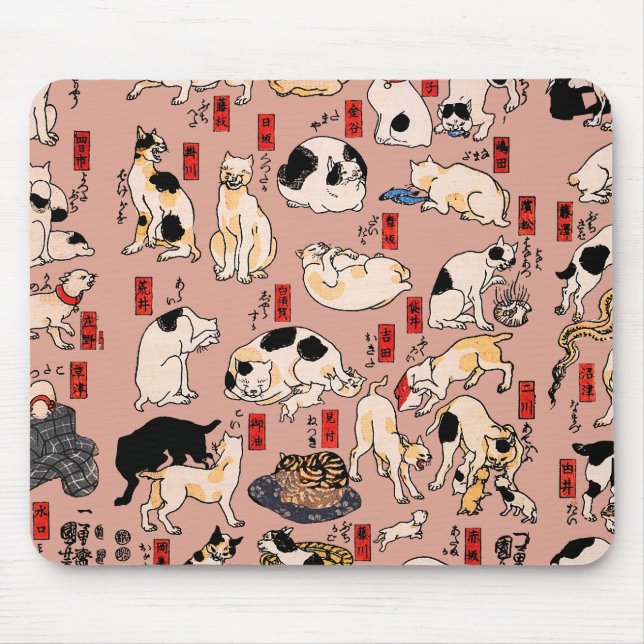 Vintage Japanese Ukiyo-e Cat Pattern: Kuniyoshi Mouse Pad (Front)