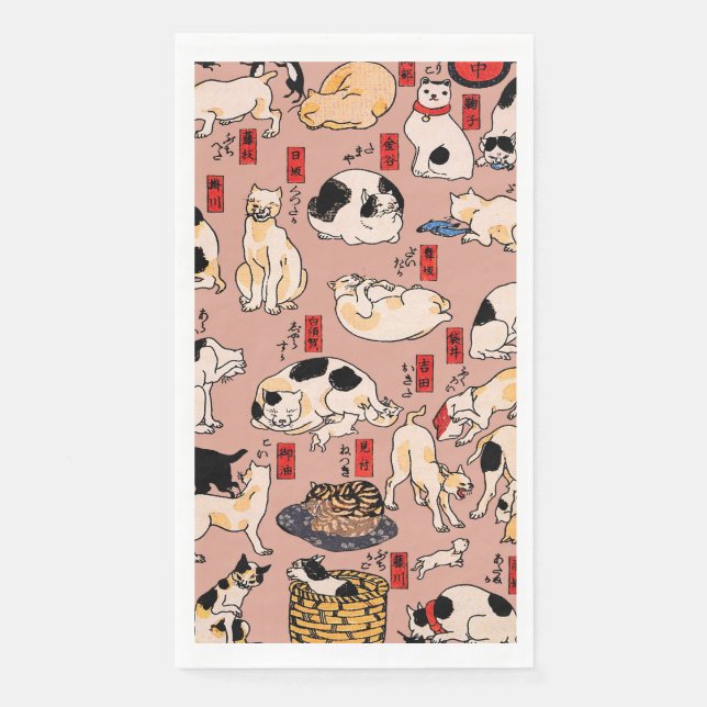 Vintage Japanese Ukiyo-e Cat Pattern: Kuniyoshi Napkin (Front)