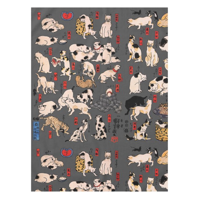 Vintage Japanese Ukiyo-e Cat Pattern: Kuniyoshi Tablecloth (Front)