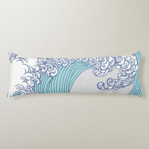 Vintage Japanese Ukiyo-e Surf Wave Art Blue Coast Body Cushion