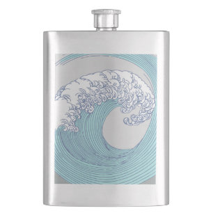 Vintage Japanese Ukiyo-e Surf Wave Art Blue Coast Hip Flask