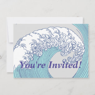Vintage Japanese Ukiyo-e Surf Wave Art Blue Coast Invitation