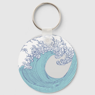 Vintage Japanese Ukiyo-e Surf Wave Art Blue Coast Key Ring