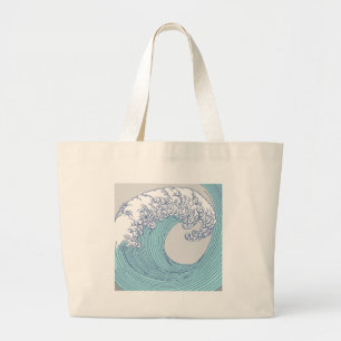 Vintage Japanese Ukiyo-e Surf Wave Art Blue Coast Large Tote Bag