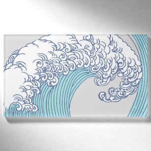Vintage Japanese Ukiyo-e Surf Wave Art Blue Coast Name Tag