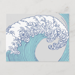 Vintage Japanese Ukiyo-e Surf Wave Art Blue Coast Postcard