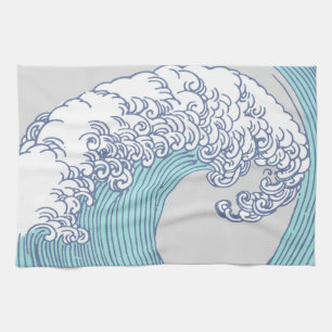 Vintage Japanese Ukiyo-e Surf Wave Art Blue Coast Tea Towel