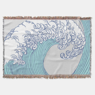 Vintage Japanese Ukiyo-e Surf Wave Art Blue Coast Throw Blanket