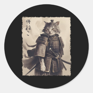 Vintage Japanese Ukiyuo-e Art Of Samurai Cat Kitte Classic Round Sticker