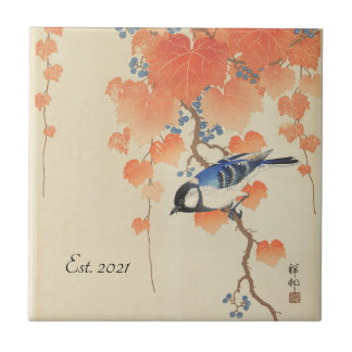 Vintage Japanese Watercolor Print With Bird Tile