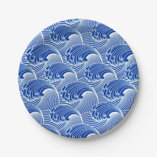 Vintage Japanese Waves, Cobalt Blue and White Paper Plate