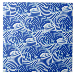 Vintage Japanese Waves, Cobalt Blue and White Tile