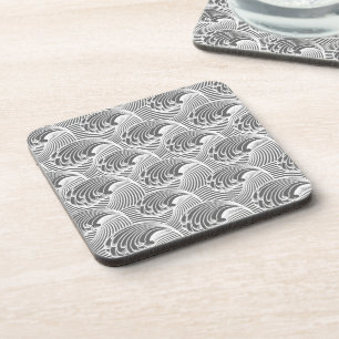 Vintage Japanese Waves, Gray / Grey and White  Coaster