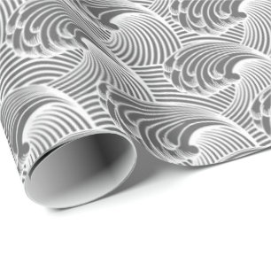 Vintage Japanese Waves, Grey / Grey and White Wrapping Paper