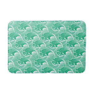 Vintage Japanese Waves, Jade Green and White Bath Mat