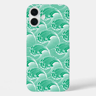 Vintage Japanese Waves, Jade Green and White iPhone 16 Plus Case