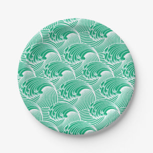 Vintage Japanese Waves, Jade Green and White Paper Plate