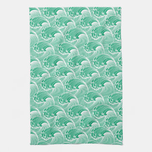 Vintage Japanese Waves, Jade Green and White Tea Towel