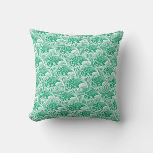 Vintage Japanese Waves, Jade Green and White Throw Cushion