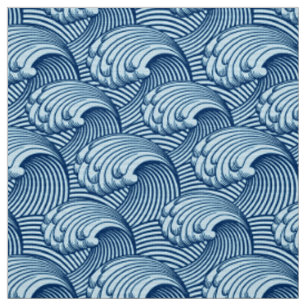 Vintage Japanese Waves, Navy and Sky Blue Fabric