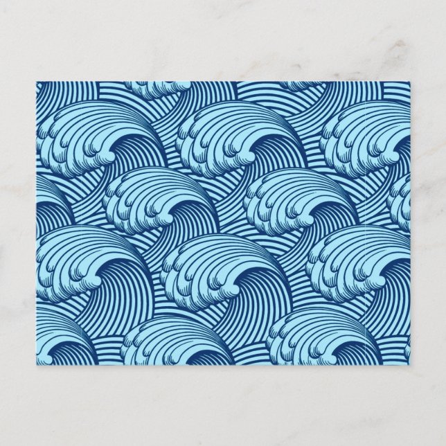 Vintage Japanese Waves, Navy and Sky Blue Postcard (Front)