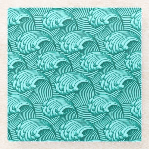Vintage Japanese Waves, Turquoise and Aqua Glass Coaster