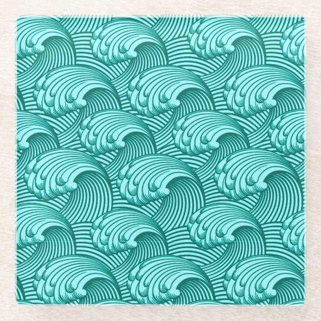 Vintage Japanese Waves, Turquoise and Aqua Glass Coaster (Front)