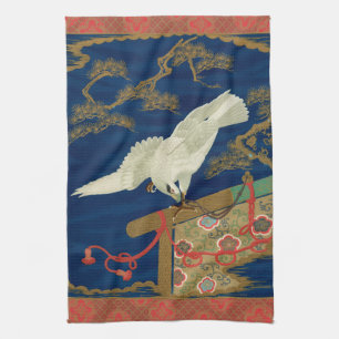 Vintage Japanese White Hawk Art G.A. Audsley Tea Towel