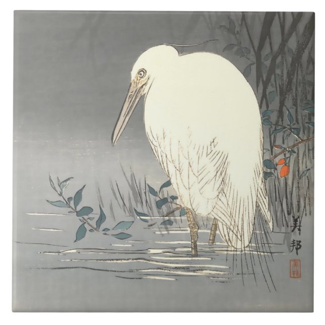 Vintage Japanese White Heron At Waters Edge Tile (Front)