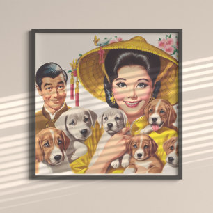 Vintage Japanese Woman and Puppies Poster
