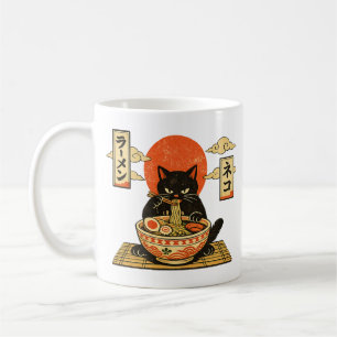 Vintage Japanese Woodblock Black Cat Ramen Coffee Mug