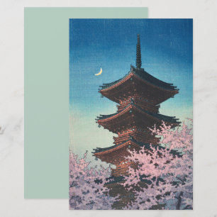 Vintage Japanese Woodblock Spring Evening Pagoda