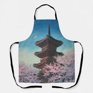 Vintage Japanese Woodblock Spring Evening Pagoda Apron