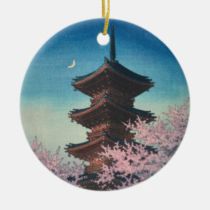 Vintage Japanese Woodblock Spring Evening Pagoda Ceramic Tree Decoration