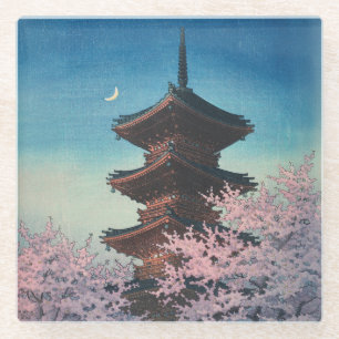 Vintage Japanese Woodblock Spring Evening Pagoda Glass Coaster