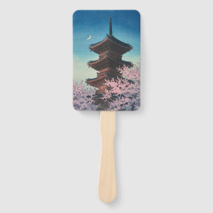 Vintage Japanese Woodblock Spring Evening Pagoda Hand Fan