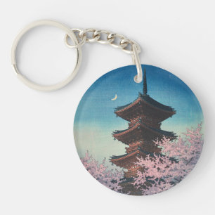 Vintage Japanese Woodblock Spring Evening Pagoda Key Ring