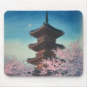 Vintage Japanese Woodblock Spring Evening Pagoda Mouse Pad