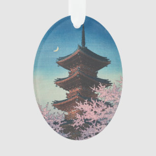 Vintage Japanese Woodblock Spring Evening Pagoda Ornament