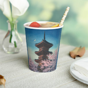 Vintage Japanese Woodblock Spring Evening Pagoda Paper Cups