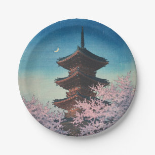 Vintage Japanese Woodblock Spring Evening Pagoda Paper Plate