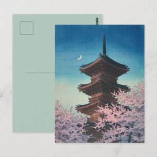 Vintage Japanese Woodblock Spring Evening Pagoda Postcard