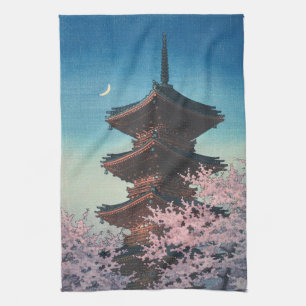 Vintage Japanese Woodblock Spring Evening Pagoda Tea Towel