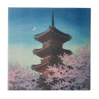 Vintage Japanese Woodblock Spring Evening Pagoda